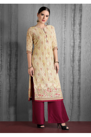 Beige And Maroon Color Designer Georgette Kurti